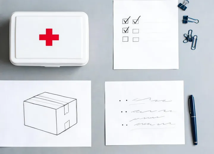 Buyer requirement desk with first-aid kit checklist