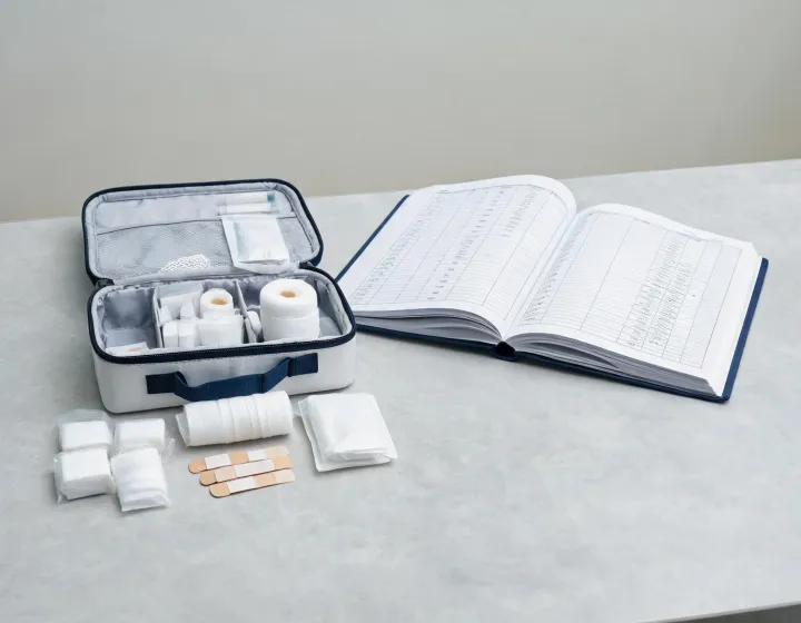 First-aid kit components arranged beside a buyer specification ledger